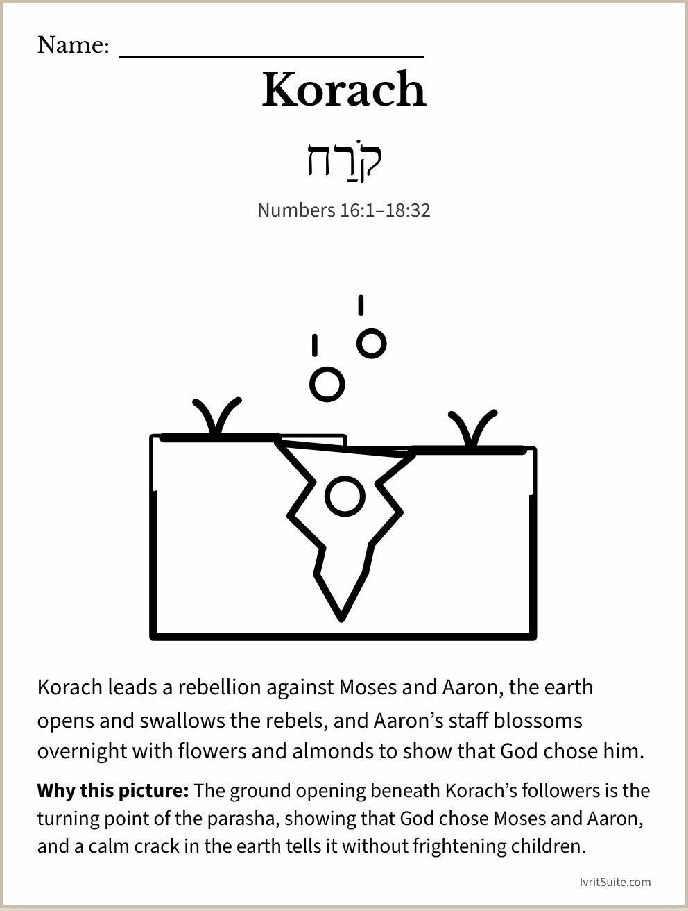 Parshat Korach coloring page: a crack opening in the desert ground