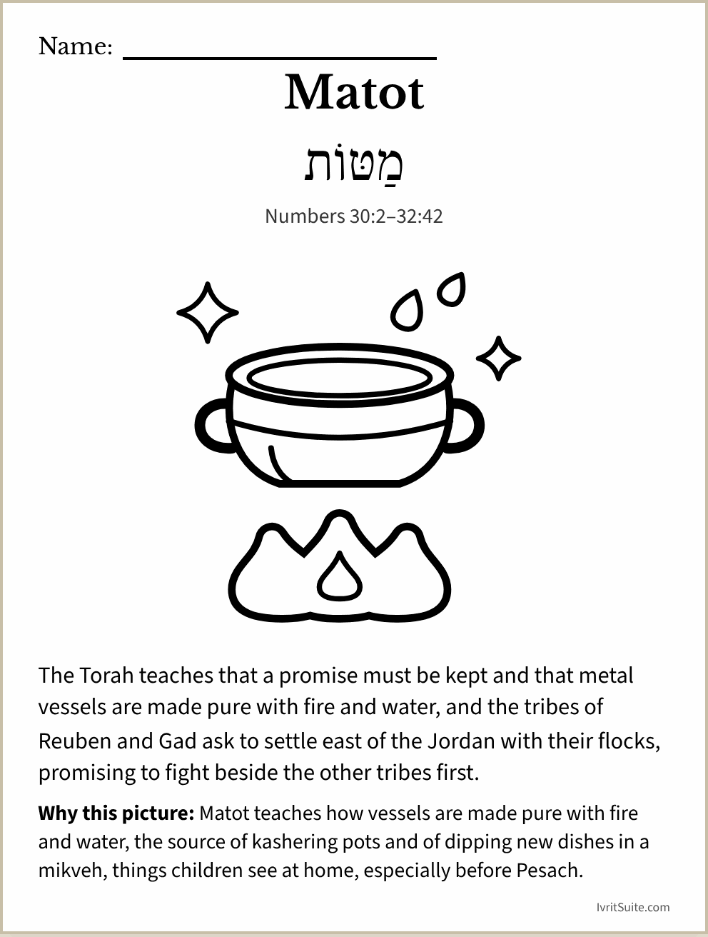Parshat Matot coloring page: a silver pot of water over a small fire, with sparkles