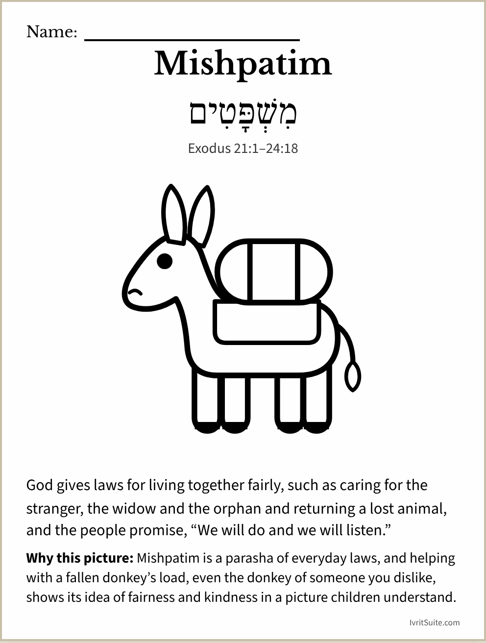 Parshat Mishpatim coloring page: a donkey carrying a load