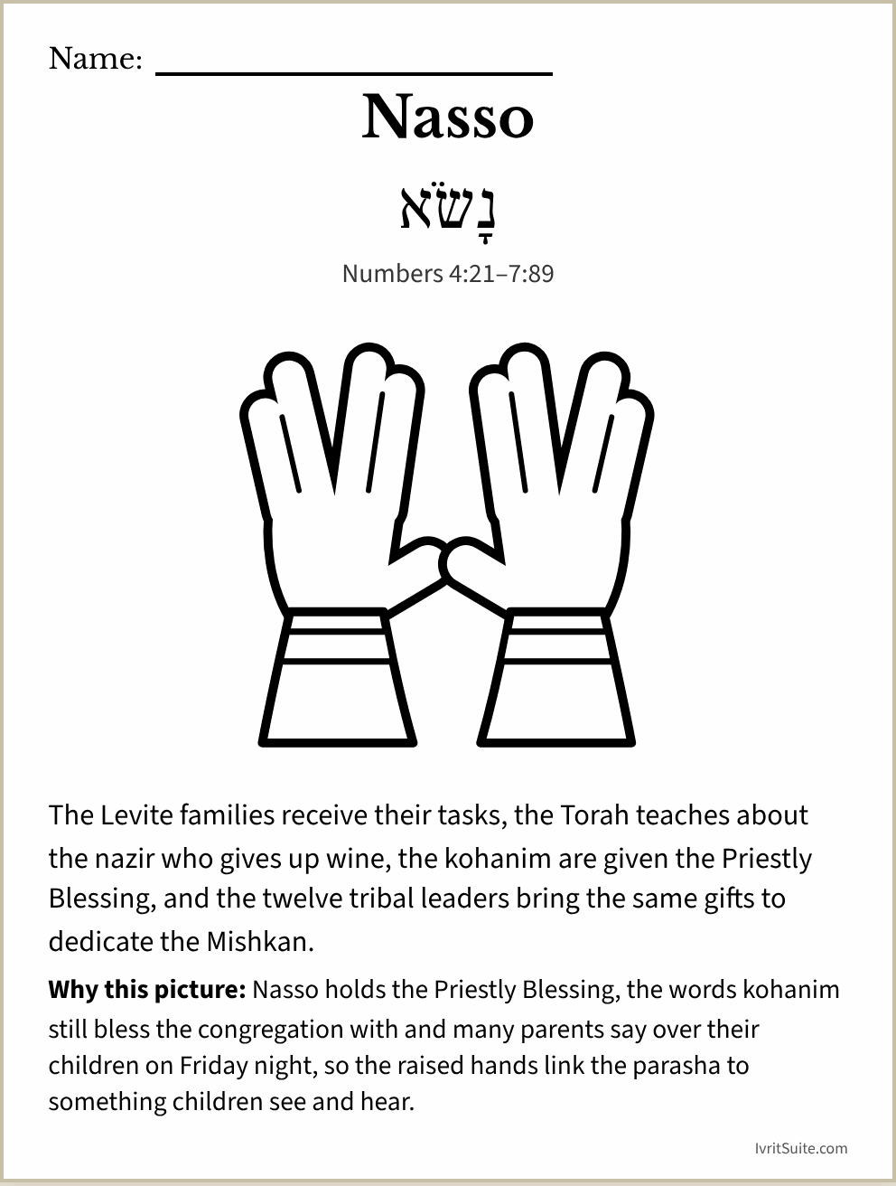 Parshat Nasso coloring page: two hands raised in the Priestly Blessing