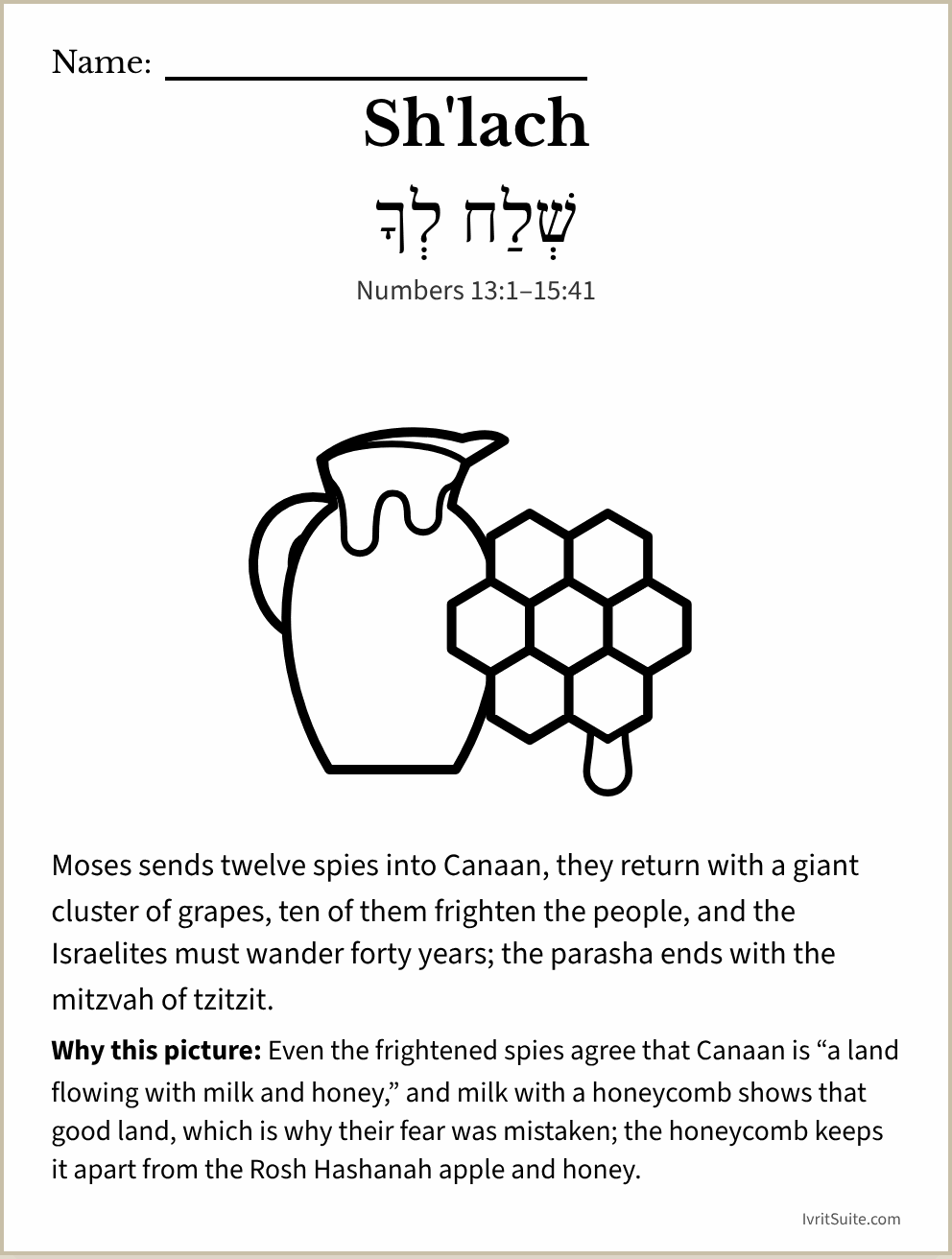 Parshat Sh'lach coloring page: a jug of milk beside a honeycomb