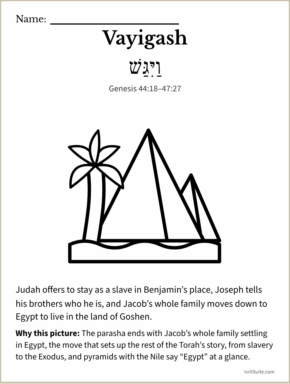 Parshat Vayigash coloring page: two pyramids, a palm tree and the Nile